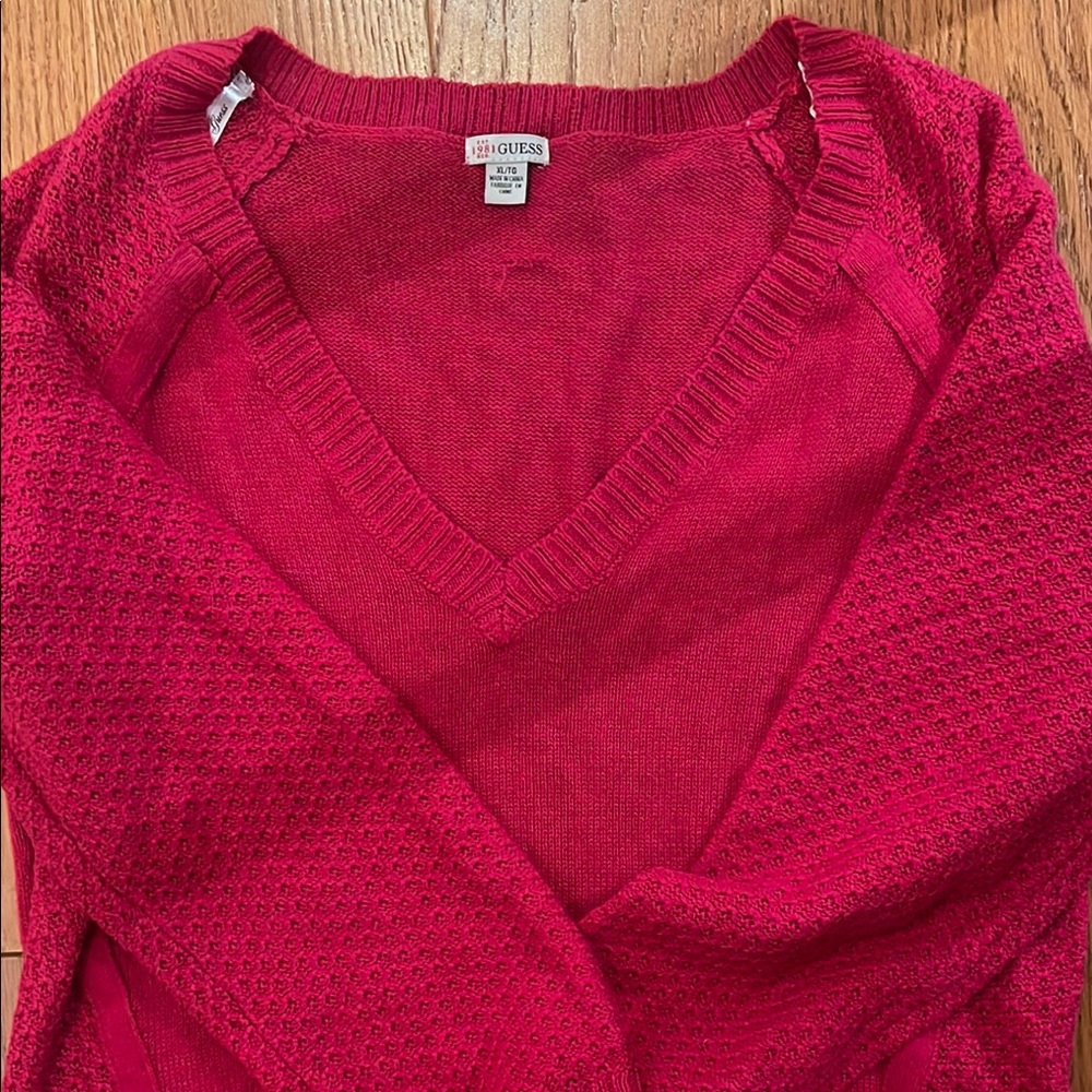 Guess Red V-Neck Sweater with Ribbed Knit Detailing
